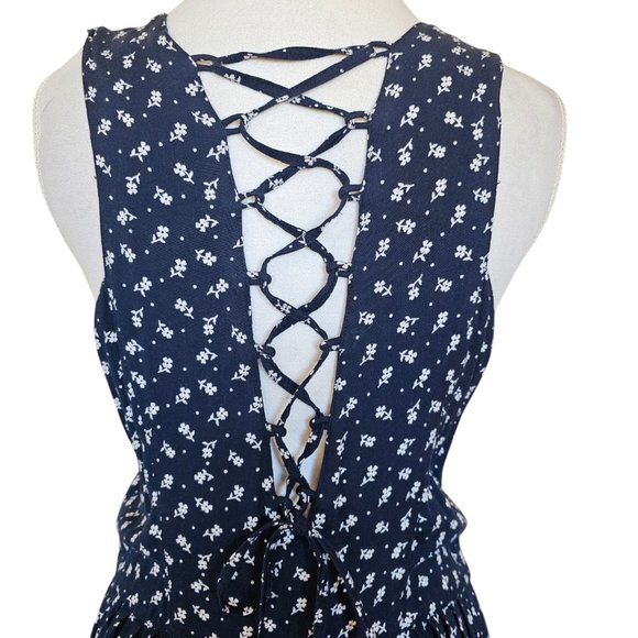 VTG 90s Size‎ M Navy Floral Shirt Dress Long Maxi Sleeveless Rayon Laceup Back - Picture 6 of 11